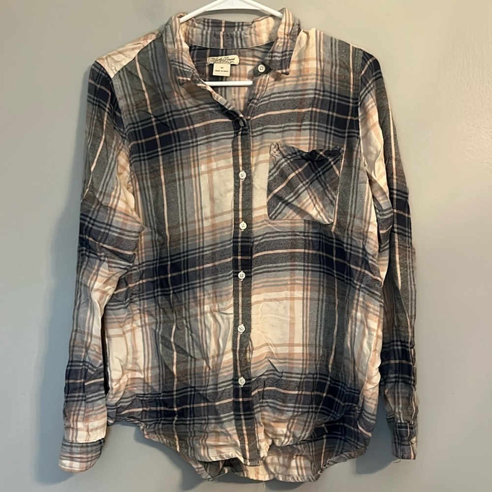 Lucky Brand Women's Tan and Navy Button Down Plaid Shirt Size M